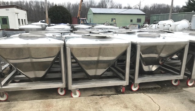 ***SOLD*** (2) used approx 200 Gallon (800 Liter, 26 cu.ft.) Sanitary Stainless Steel Portable Tote Tanks. Built by SteriValves. 53